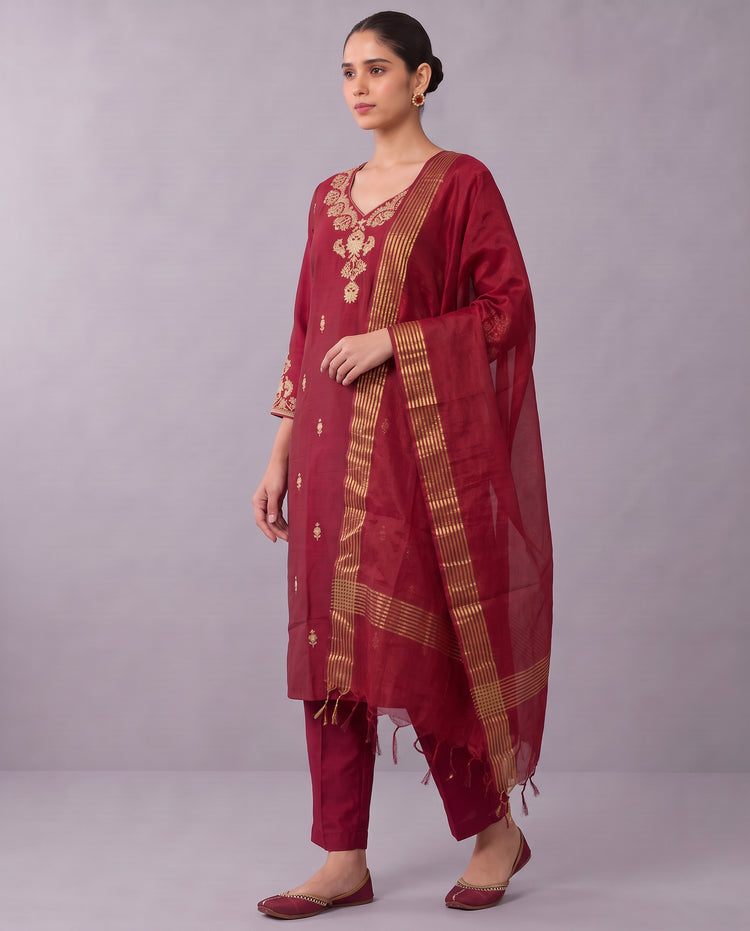 Maroon Floral Embroidery Ethnic Set with Gold Border Dupatta