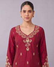 Maroon Floral Embroidery Ethnic Set with Gold Border Dupatta