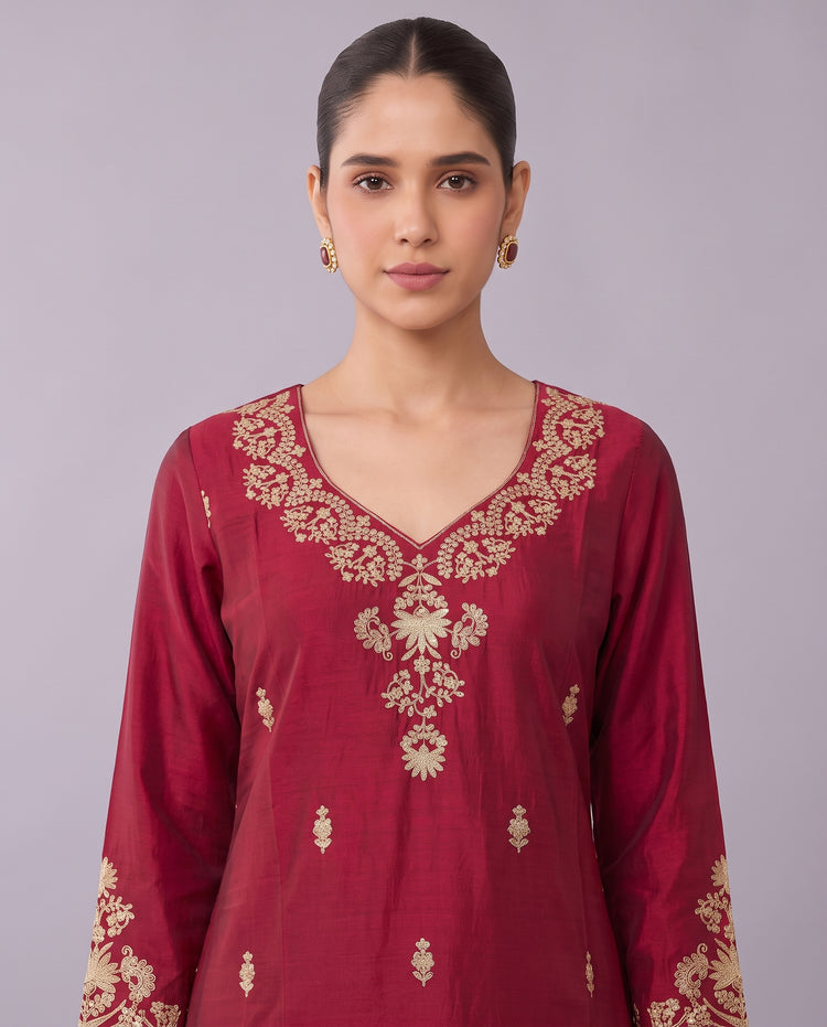 Maroon Floral Embroidery Ethnic Set with Gold Border Dupatta