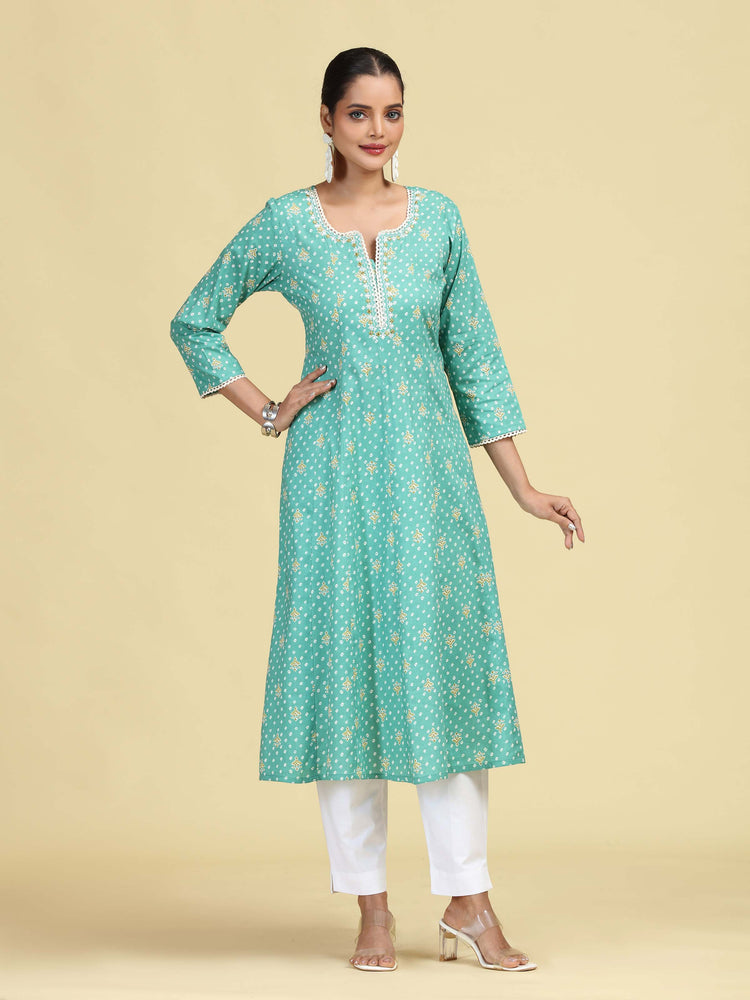 Turquoise Floral Embroidered Printed A-Line Pure Cotton Kurta