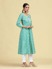 Turquoise Floral Embroidered Printed A-Line Pure Cotton Kurta