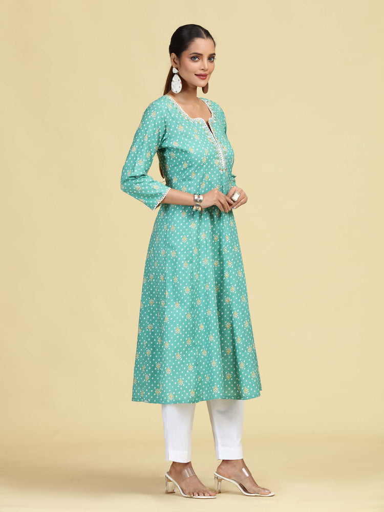 Turquoise Floral Embroidered Printed A-Line Pure Cotton Kurta