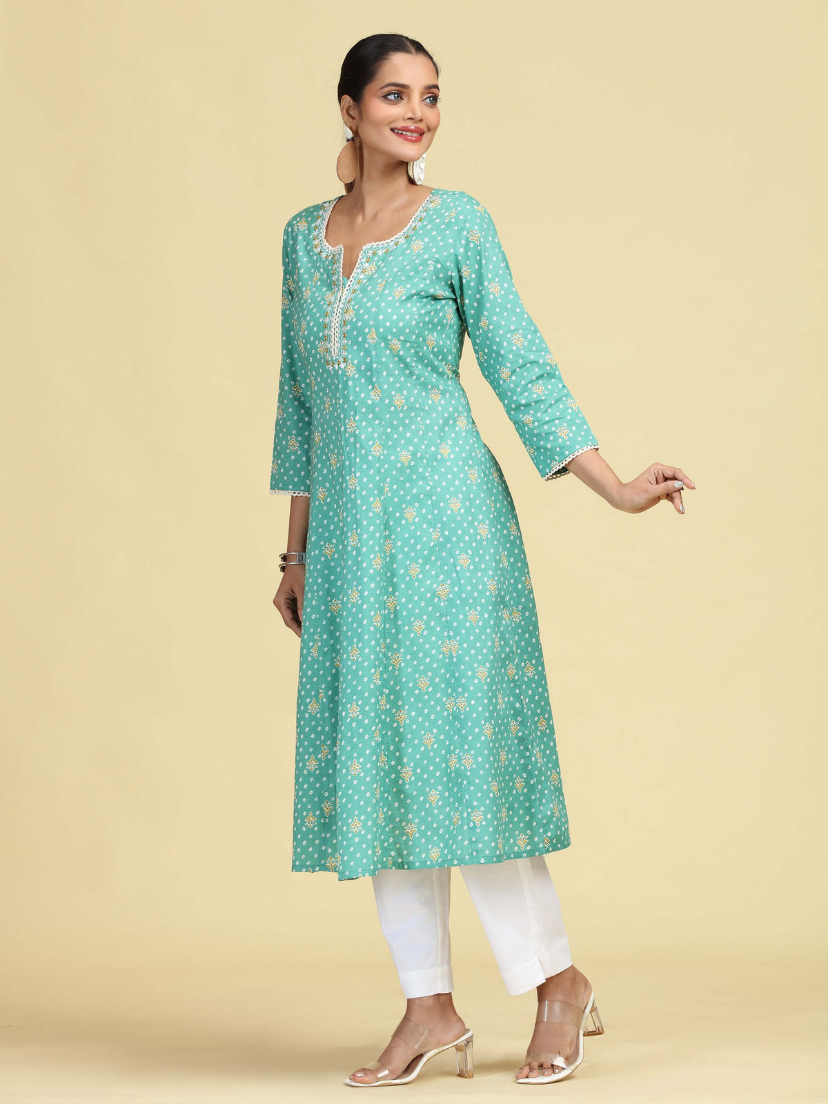 Turquoise Floral Embroidered Printed A-Line Pure Cotton Kurta