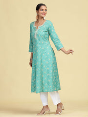 Turquoise Floral Embroidered Printed A-Line Pure Cotton Kurta