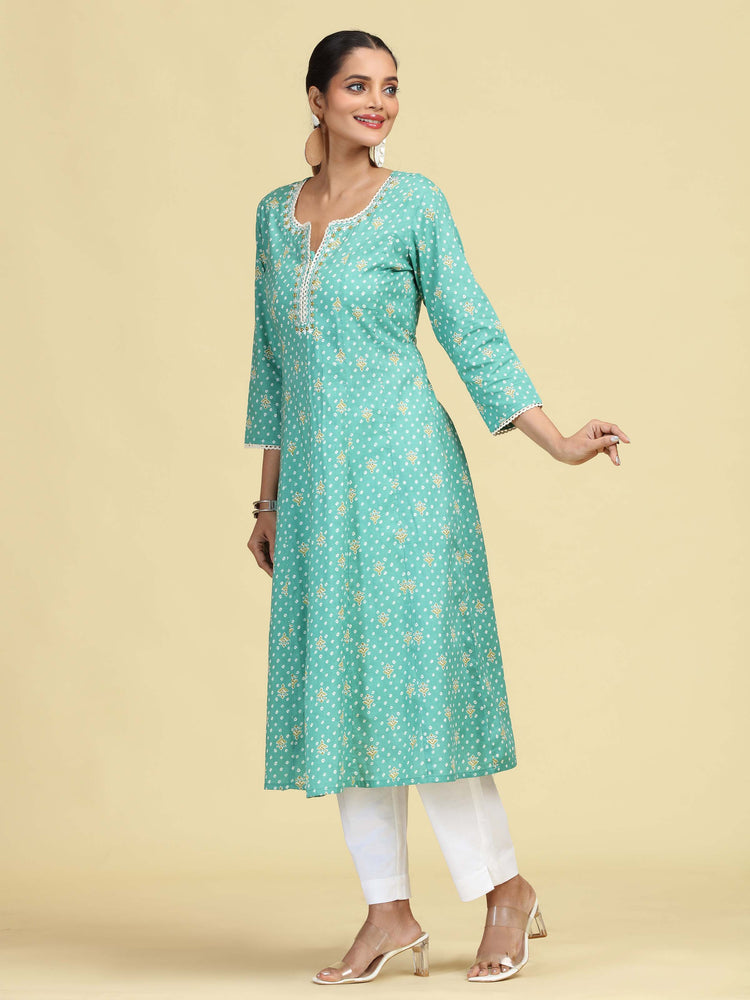 Turquoise Floral Embroidered Printed A-Line Pure Cotton Kurta
