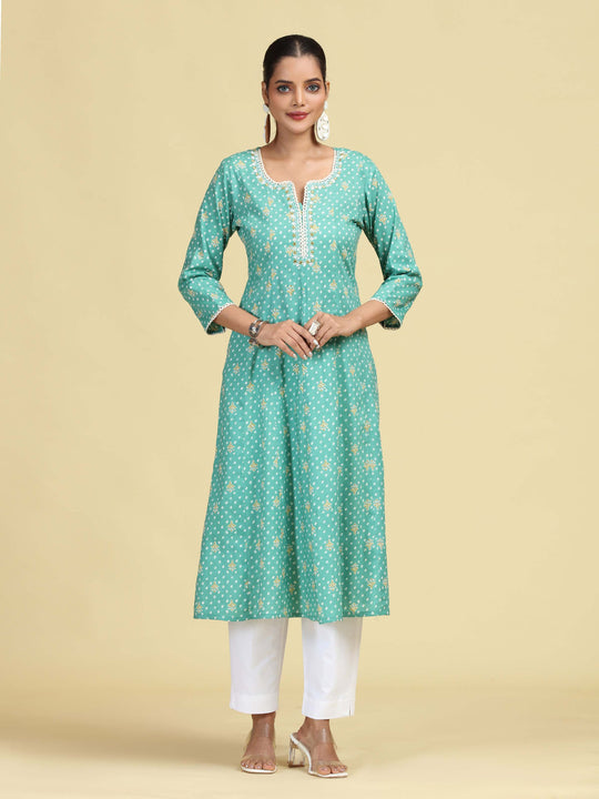 Turquoise Floral Embroidered Printed A-Line Pure Cotton Kurta
