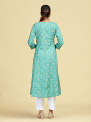 Turquoise Floral Embroidered Printed A-Line Pure Cotton Kurta