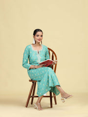 Turquoise Floral Embroidered Printed A-Line Pure Cotton Kurta