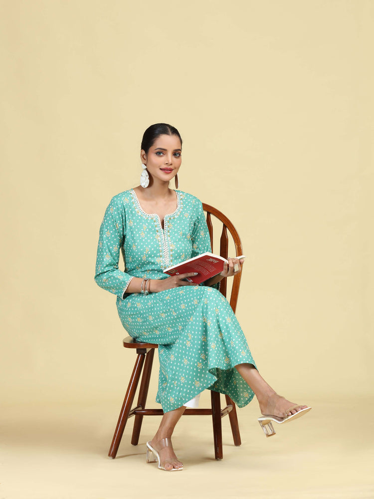 Turquoise Floral Embroidered Printed A-Line Pure Cotton Kurta