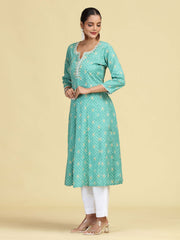 Turquoise Floral Embroidered Printed A-Line Pure Cotton Kurta