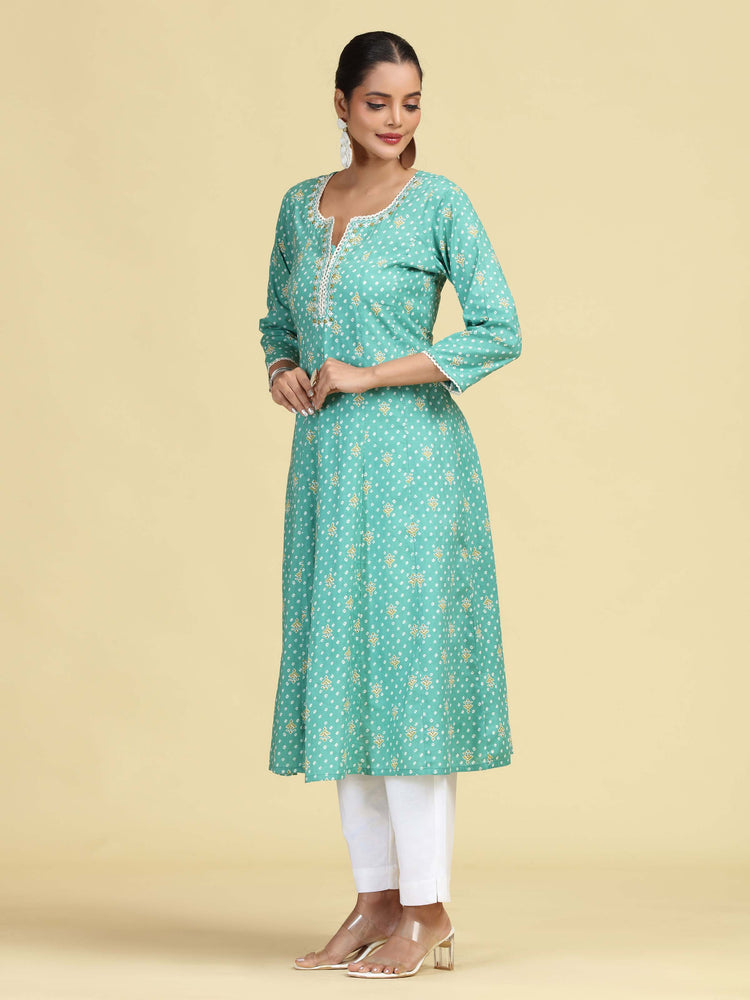 Turquoise Floral Embroidered Printed A-Line Pure Cotton Kurta