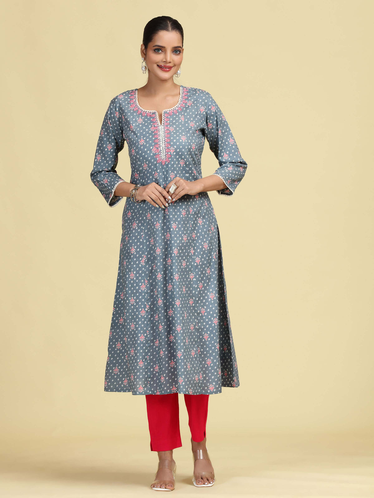 Grey Floral Embroidered Printed A-Line Pure Cotton Kurta