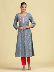 Grey Floral Embroidered Printed A-Line Pure Cotton Kurta