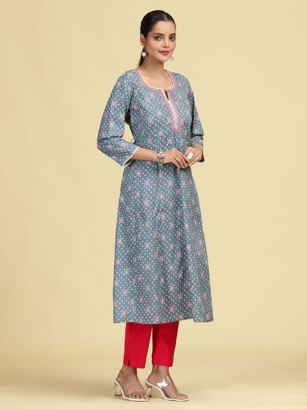 Grey Floral Embroidered Printed A-Line Pure Cotton Kurta
