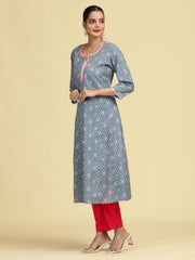 Grey Floral Embroidered Printed A-Line Pure Cotton Kurta