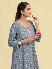 Grey Floral Embroidered Printed A-Line Pure Cotton Kurta