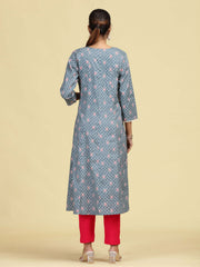 Grey Floral Embroidered Printed A-Line Pure Cotton Kurta