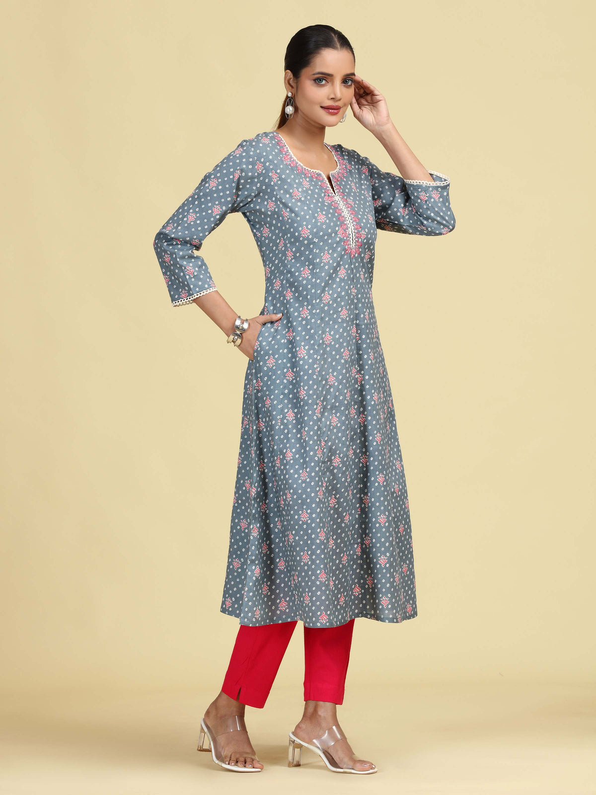 Grey Floral Embroidered Printed A-Line Pure Cotton Kurta