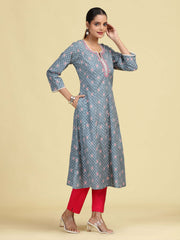 Grey Floral Embroidered Printed A-Line Pure Cotton Kurta
