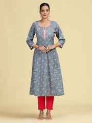 Grey Floral Embroidered Printed A-Line Pure Cotton Kurta