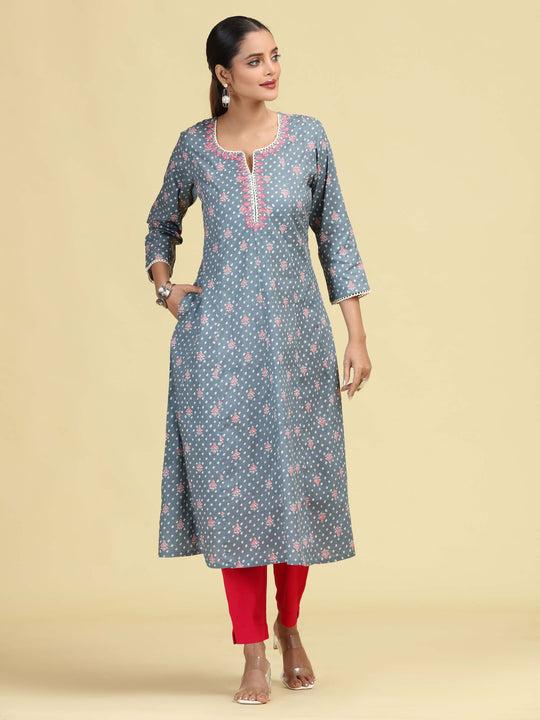 Grey Floral Embroidered Printed A-Line Pure Cotton Kurta