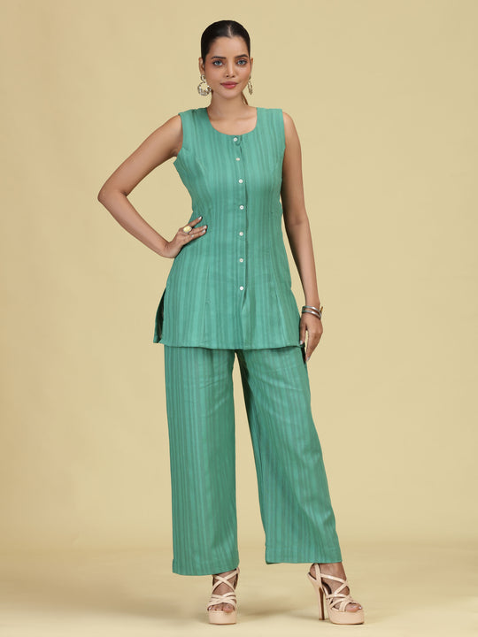 Green Pure Cotton Striped Sleeveless Co-Ord Set