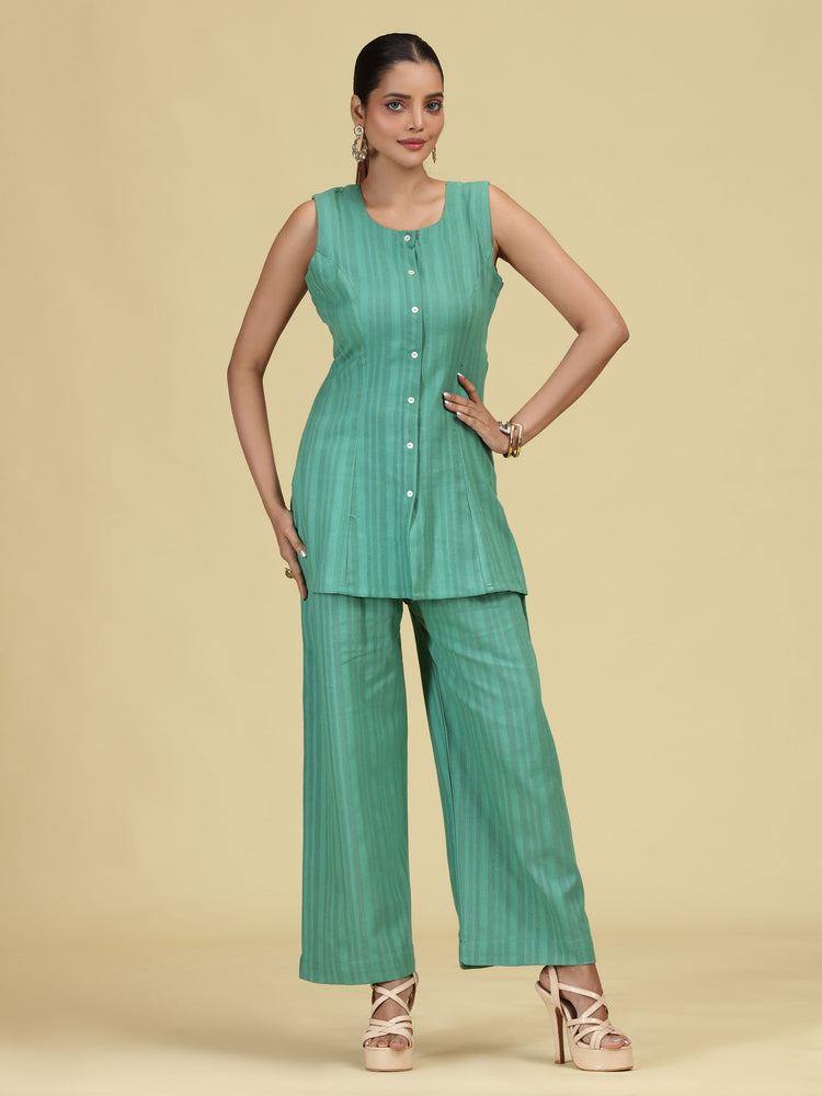 Green Pure Cotton Striped Sleeveless Co-Ord Set