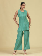 Green Pure Cotton Striped Sleeveless Co-Ord Set