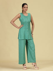 Green Pure Cotton Striped Sleeveless Co-Ord Set