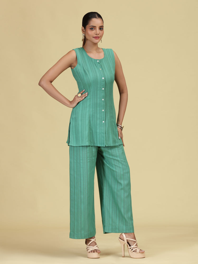 Green Pure Cotton Striped Sleeveless Co-Ord Set