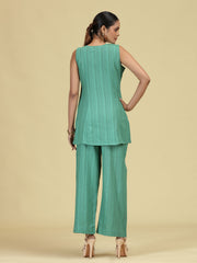 Green Pure Cotton Striped Sleeveless Co-Ord Set