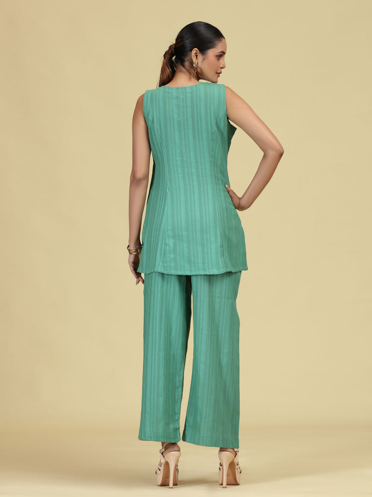Green Pure Cotton Striped Sleeveless Co-Ord Set