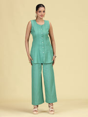 Green Pure Cotton Striped Sleeveless Co-Ord Set