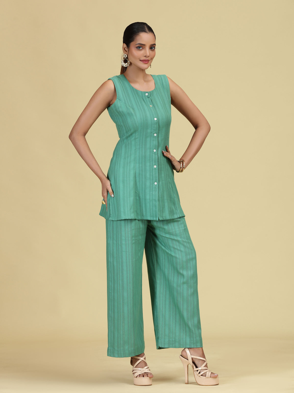 Green Pure Cotton Striped Sleeveless Co-Ord Set