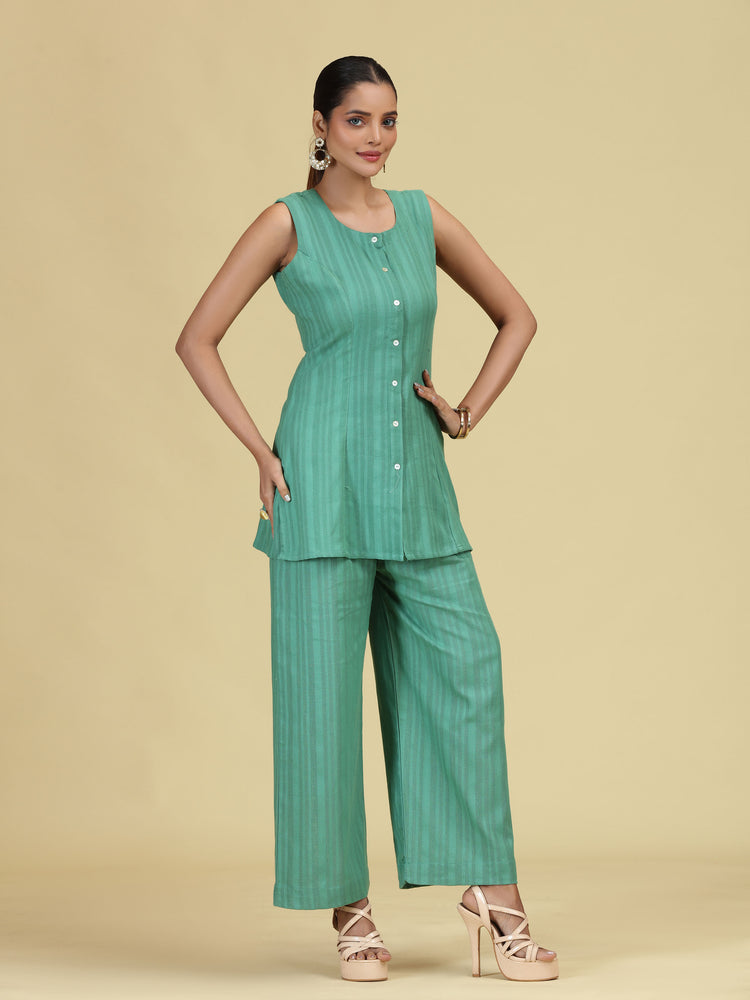 Green Pure Cotton Striped Sleeveless Co-Ord Set