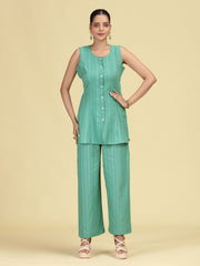 Green Pure Cotton Striped Sleeveless Co-Ord Set