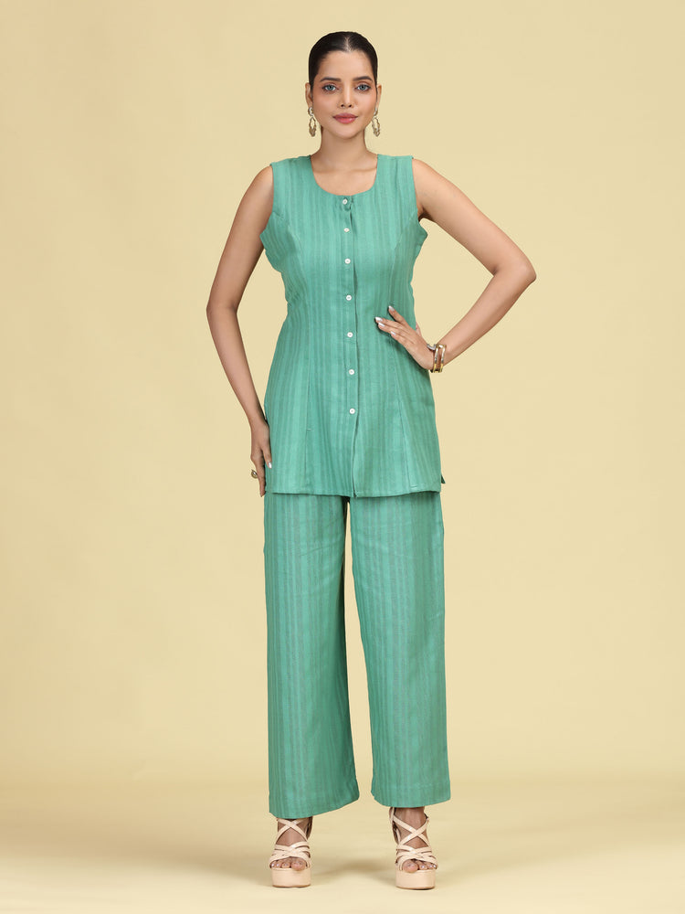 Green Pure Cotton Striped Sleeveless Co-Ord Set