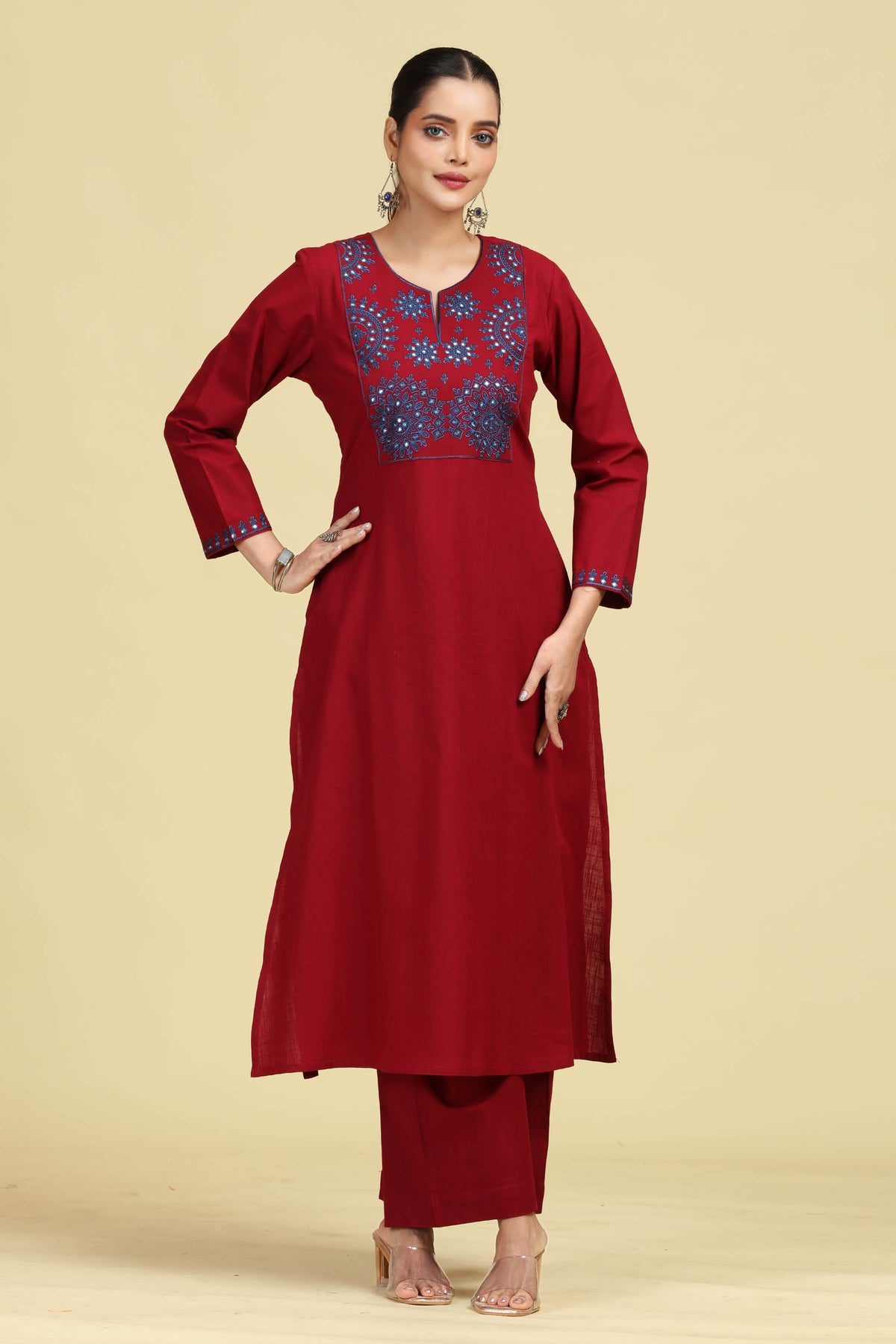 Maroon Pure Cotton Embroidered Co-Ord Set