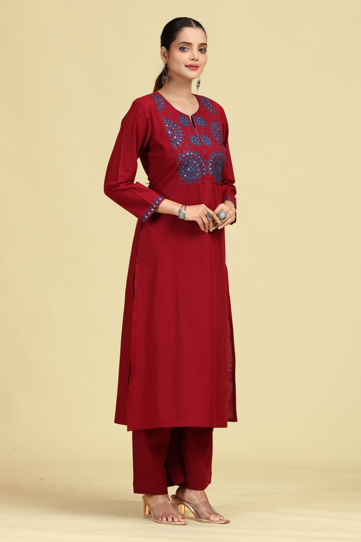 Maroon Pure Cotton Embroidered Co-Ord Set