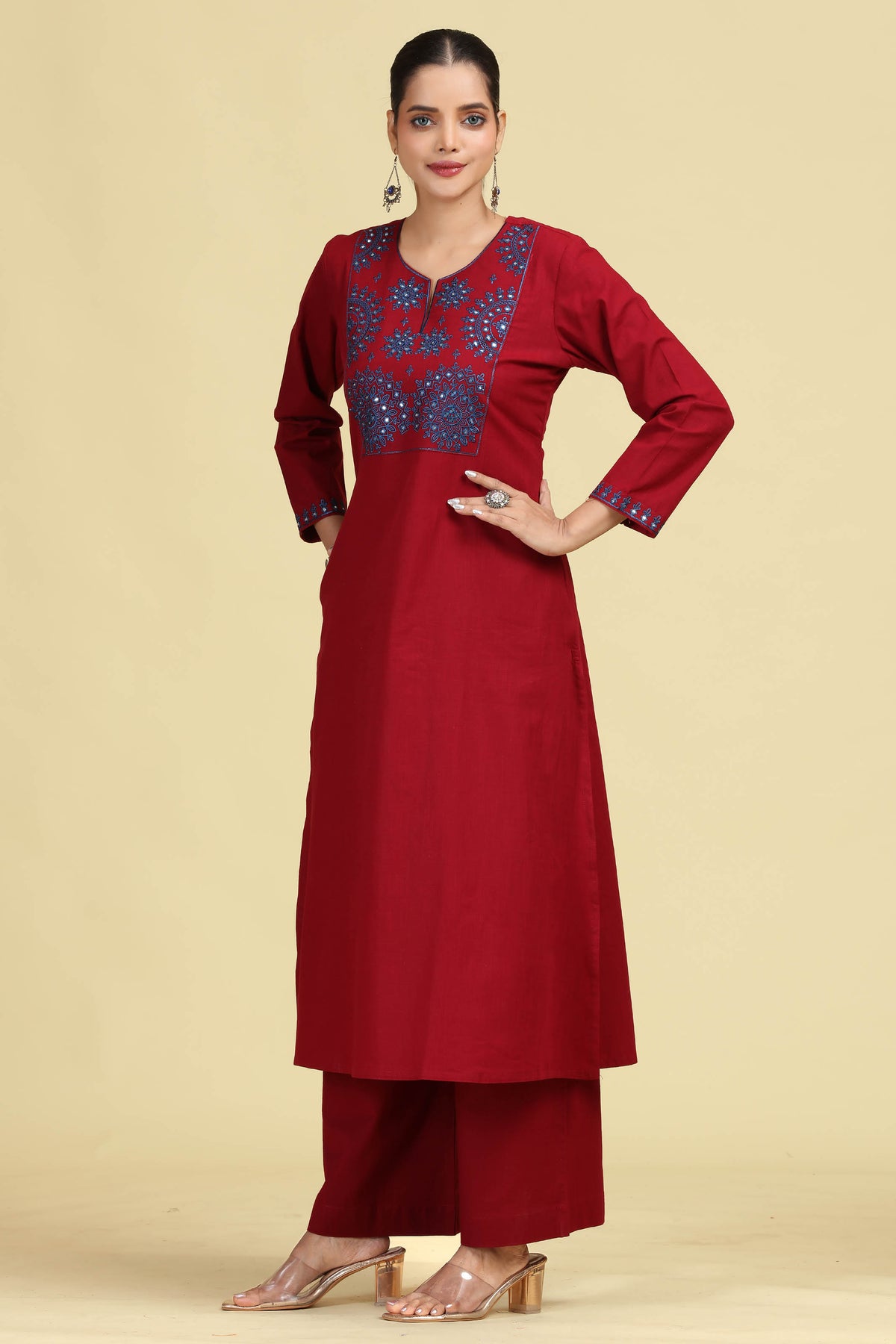 Maroon Pure Cotton Embroidered Co-Ord Set