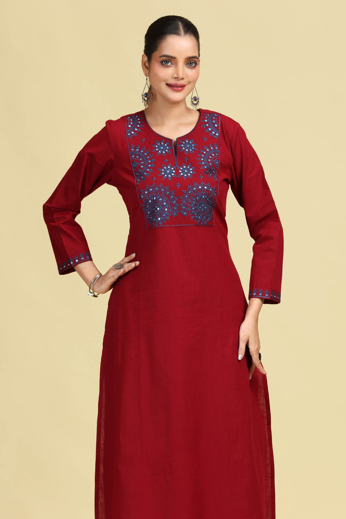 Maroon Pure Cotton Embroidered Co-Ord Set