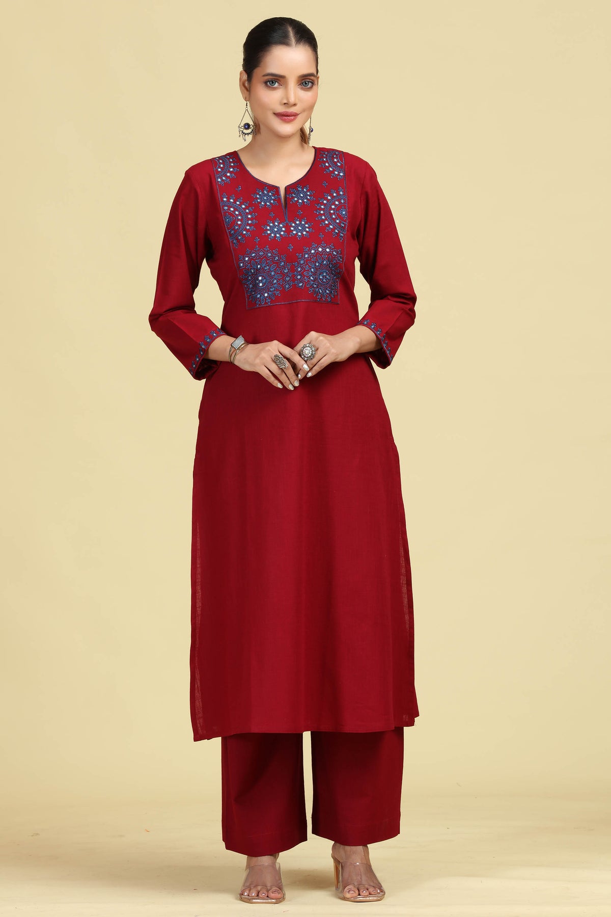 Maroon Pure Cotton Embroidered Co-Ord Set