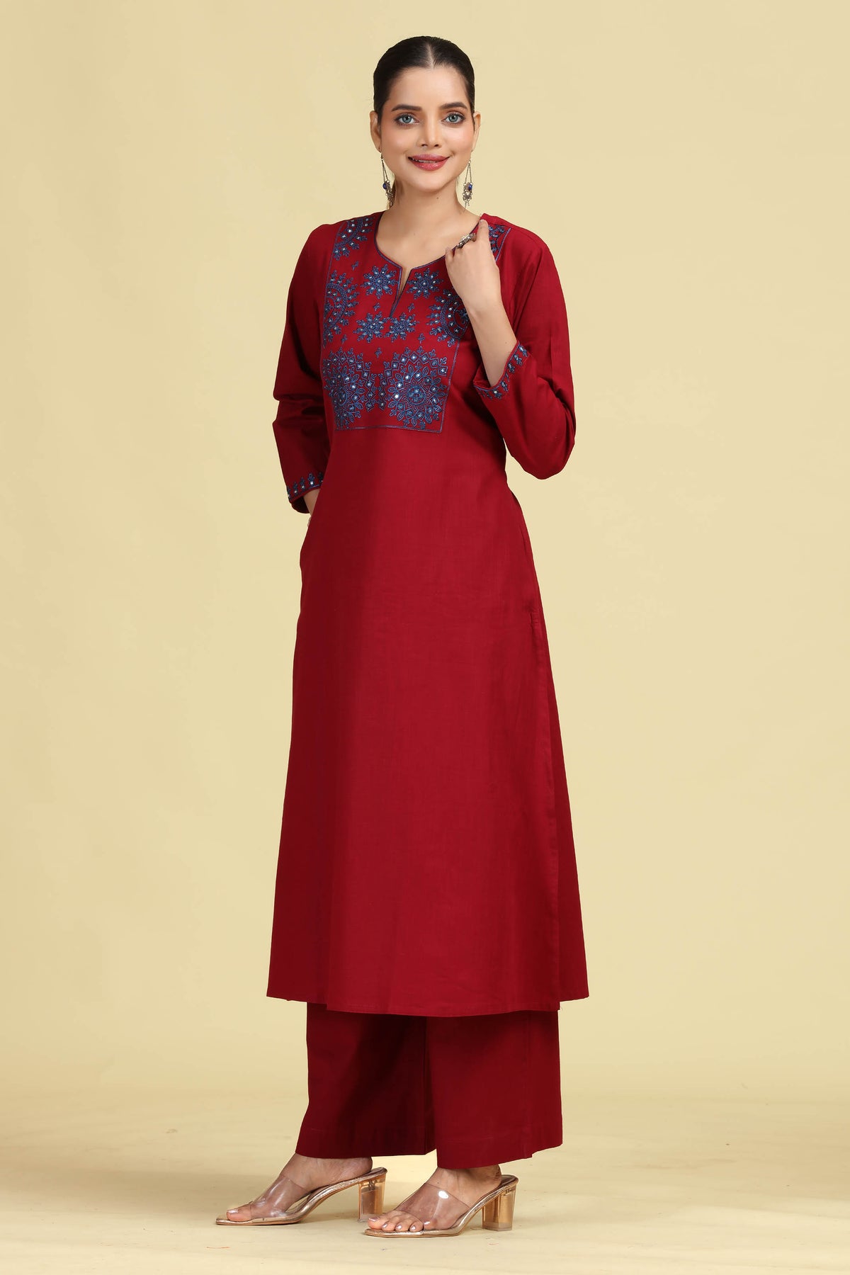 Maroon Pure Cotton Embroidered Co-Ord Set
