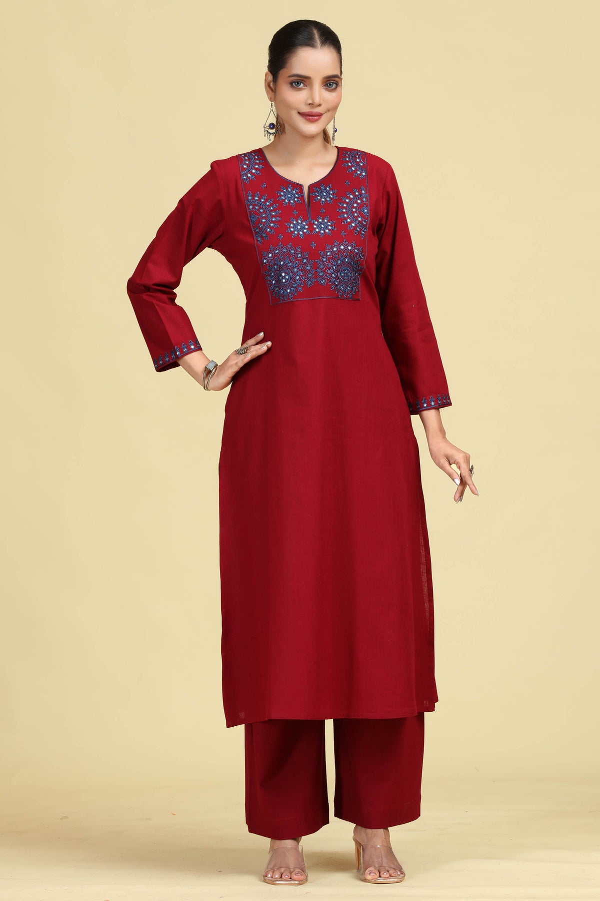 Maroon Pure Cotton Embroidered Co-Ord Set