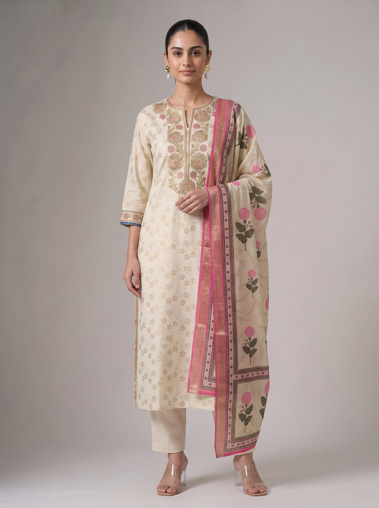Cream Kashmiri Aari Work Embroidered Ethnic Set