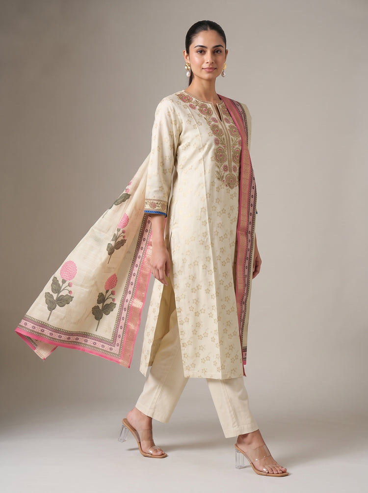 Cream Kashmiri Aari Work Embroidered Ethnic Set