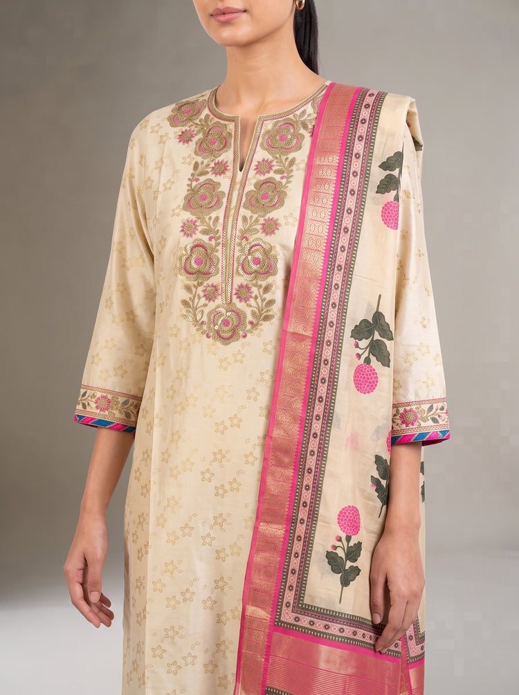 Cream Kashmiri Aari Work Embroidered Ethnic Set
