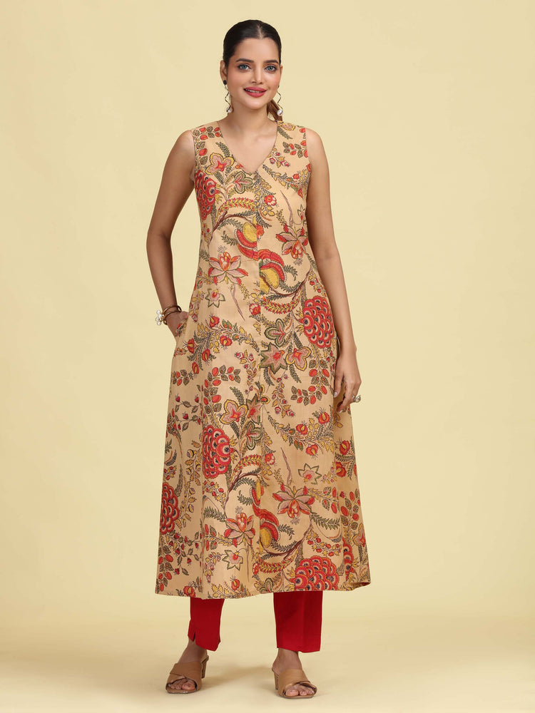 Beige Floral Printed Sleeveless Cotton Kurta