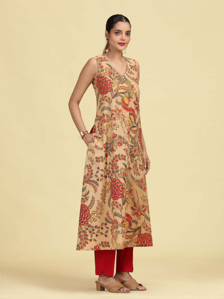 Beige Floral Printed Sleeveless Cotton Kurta