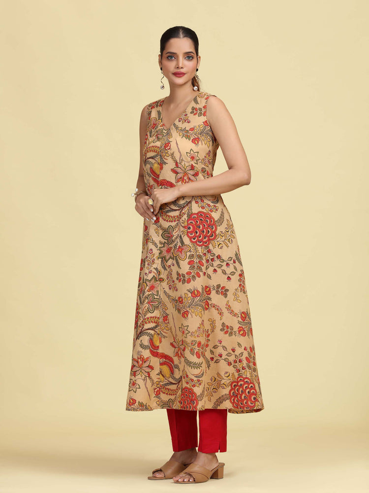 Beige Floral Printed Sleeveless Cotton Kurta